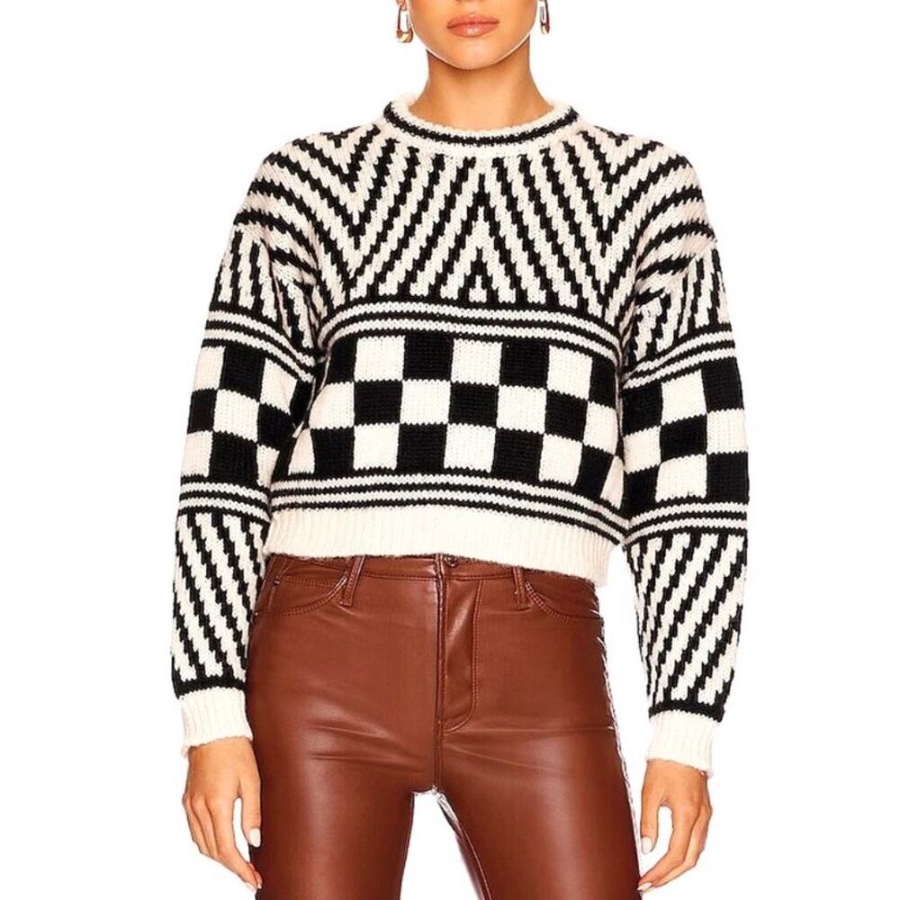 Mother Crewneck Cropped Sweater Alpaca Wool Blend Graphic Black Print